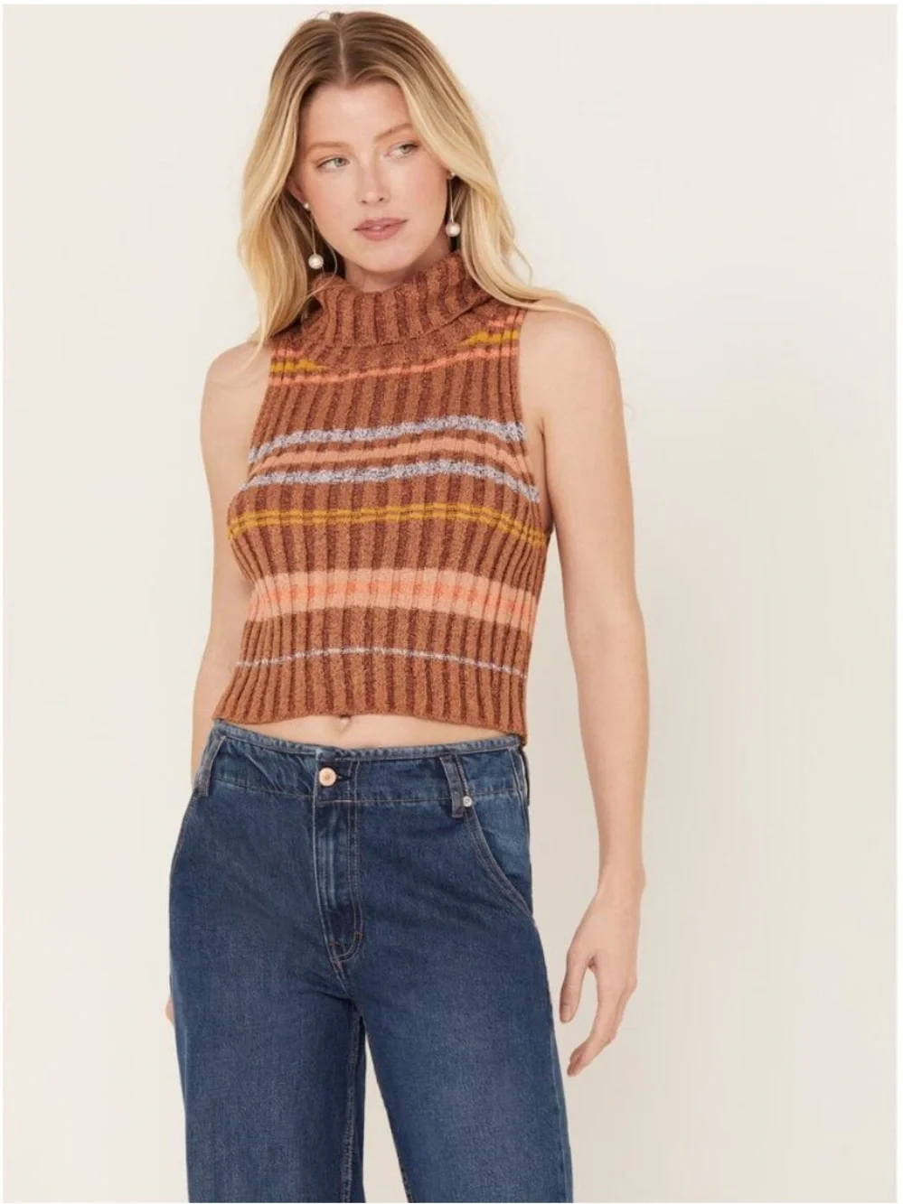 Free People Edith Sweater Striped Sleeveless Turtleneck Tank Brown and Peach M